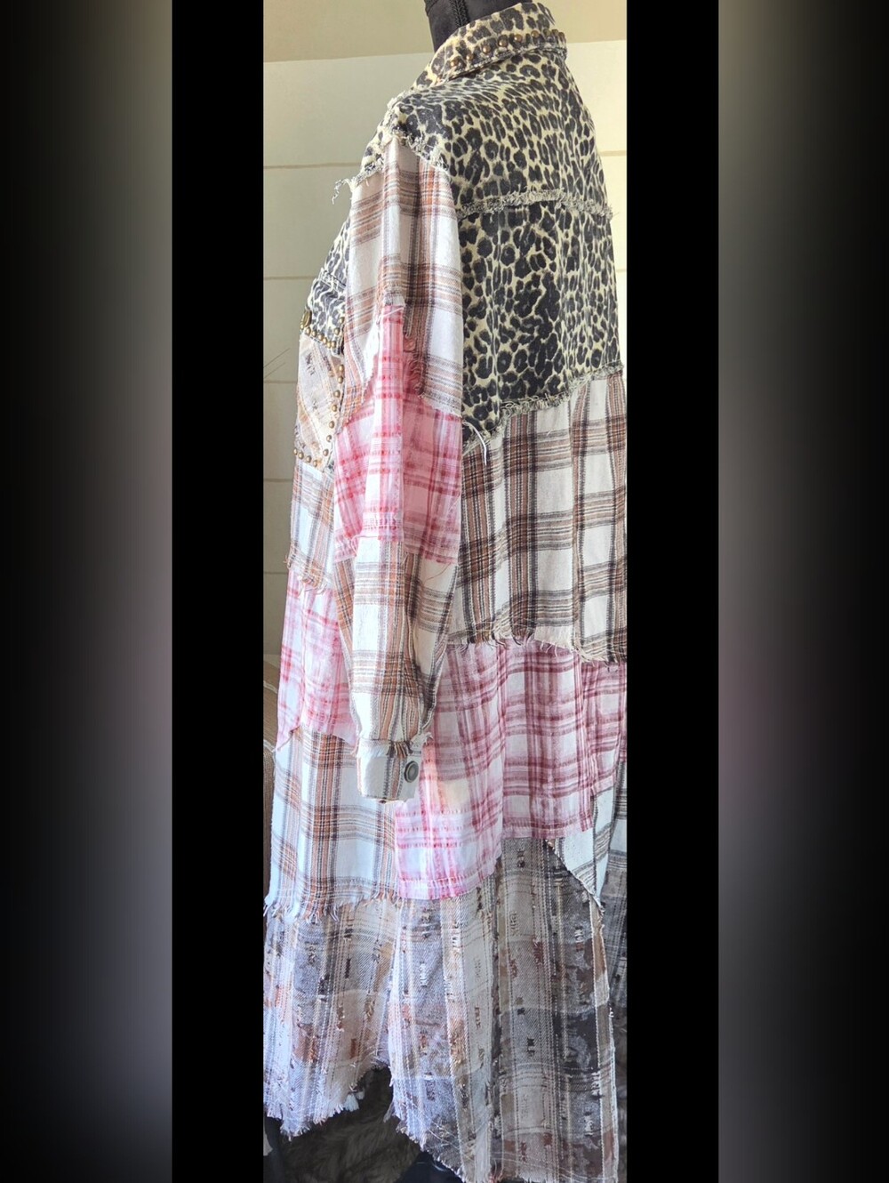 POL Mixed Media Plaid Leopard Duster Shacket Paisley Plant Patchwork Boho Jacket - Picture 2 of 12